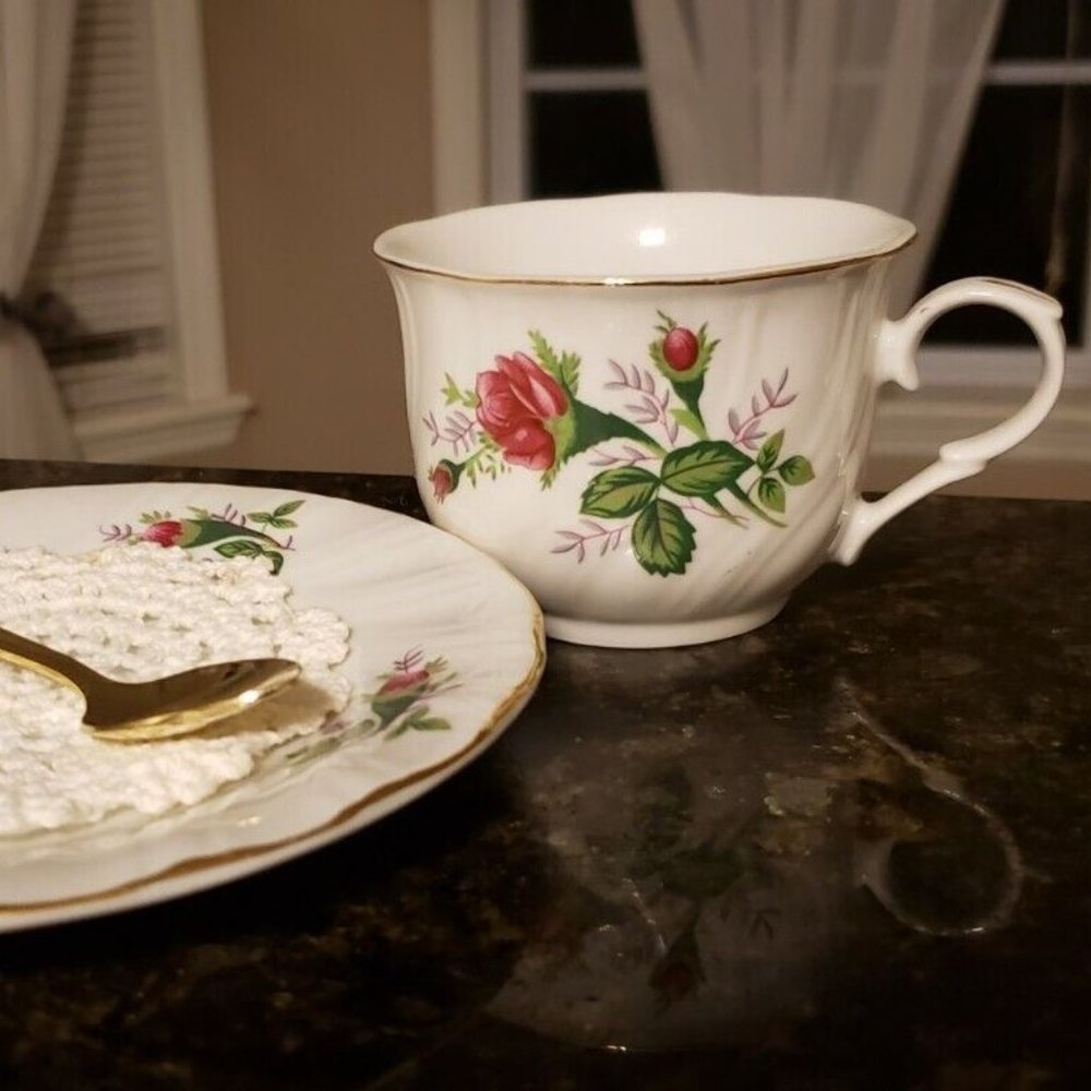 Vintage Lynns Fine China Teacup and Saucer with Gold Tone Spoon